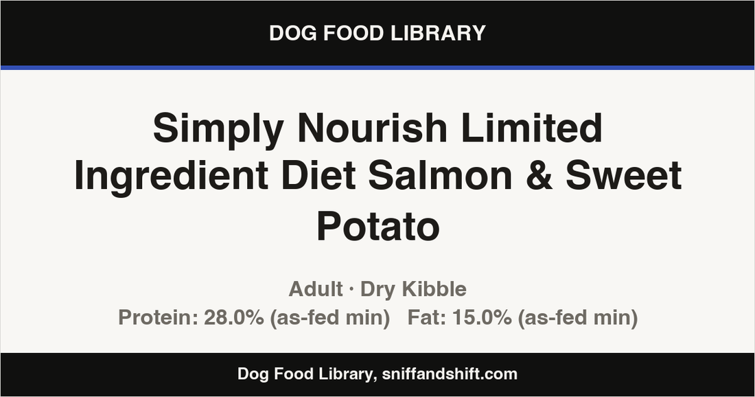 Spec card for Simply Nourish Limited Ingredient Diet Salmon & Sweet Potato: Dry Kibble, Adult