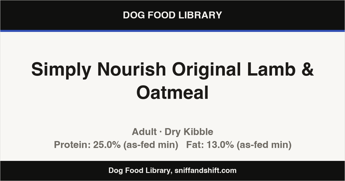 Spec card for Simply Nourish Original Lamb & Oatmeal: Dry Kibble, Adult
