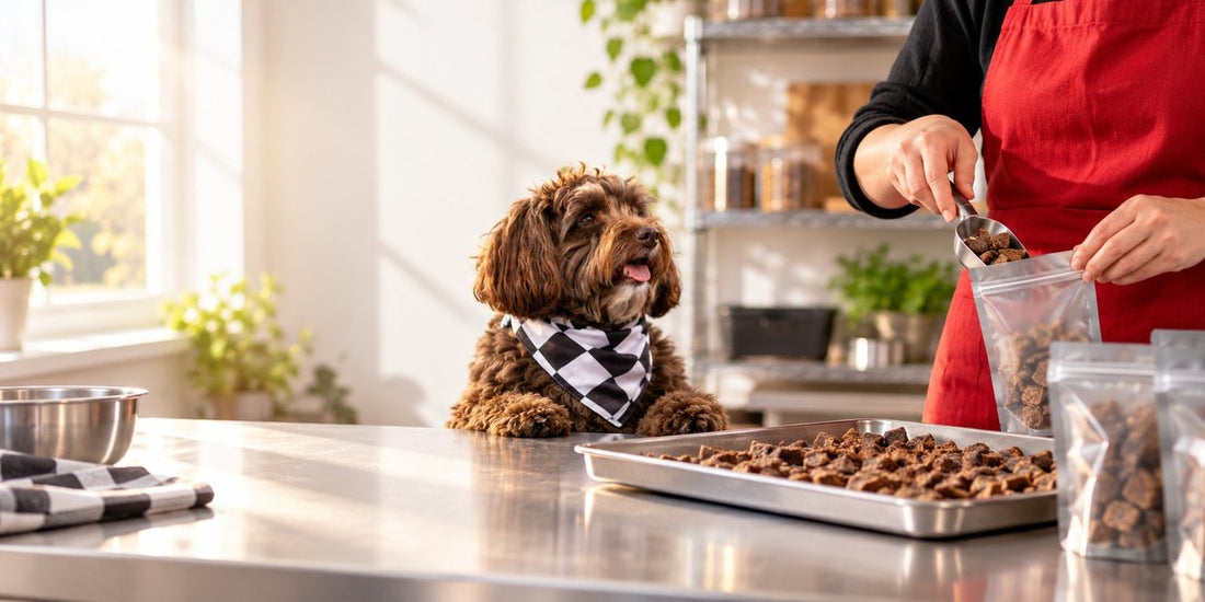 Ella watching treats being bagged at a steel table in a small kitchen