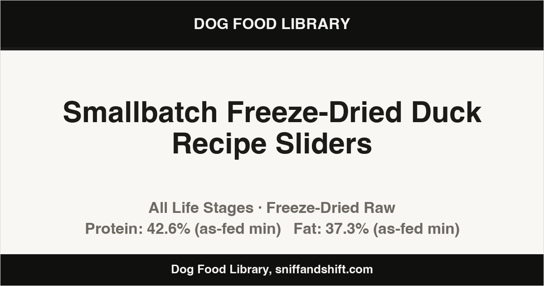 Spec card for Smallbatch Freeze-Dried Duck Recipe Sliders: Freeze-Dried Raw, All Life Stages