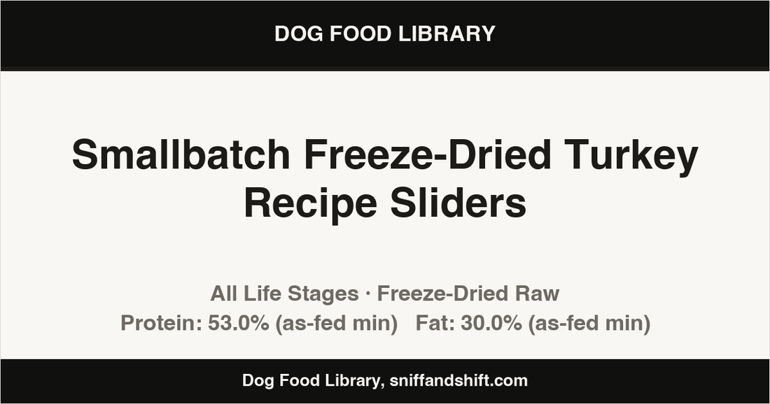 Spec card for Smallbatch Freeze-Dried Turkey Recipe Sliders: Freeze-Dried Raw, All Life Stages