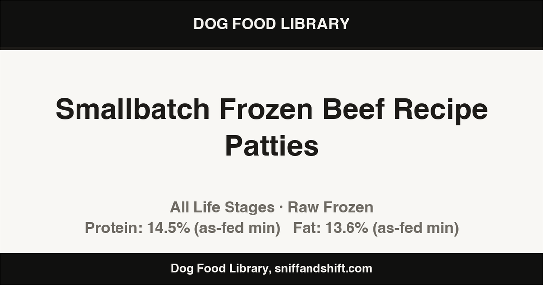 Spec card for Smallbatch Frozen Beef Recipe Patties: Raw Frozen, All Life Stages