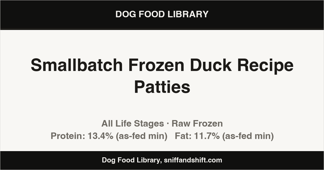 Spec card for Smallbatch Frozen Duck Recipe Patties: Raw Frozen, All Life Stages