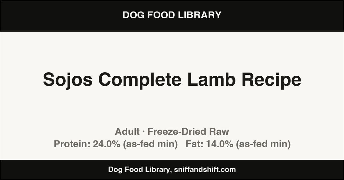 Spec card for Sojos Complete Lamb Recipe: Freeze-Dried Raw, Adult