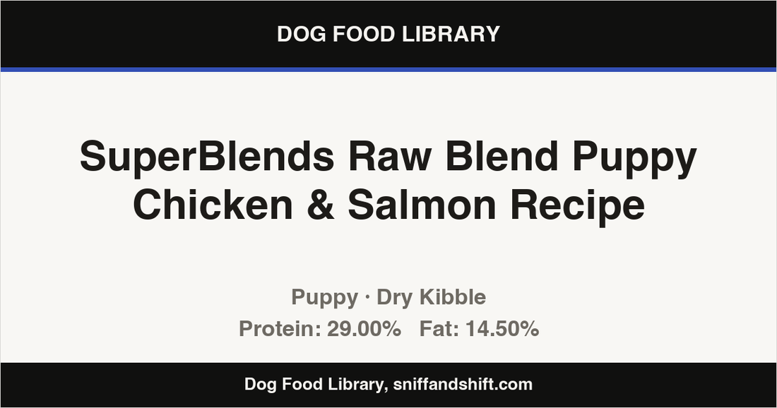Spec card for SuperBlends Raw Blend Puppy Chicken & Salmon Recipe: Dry Kibble, Puppy