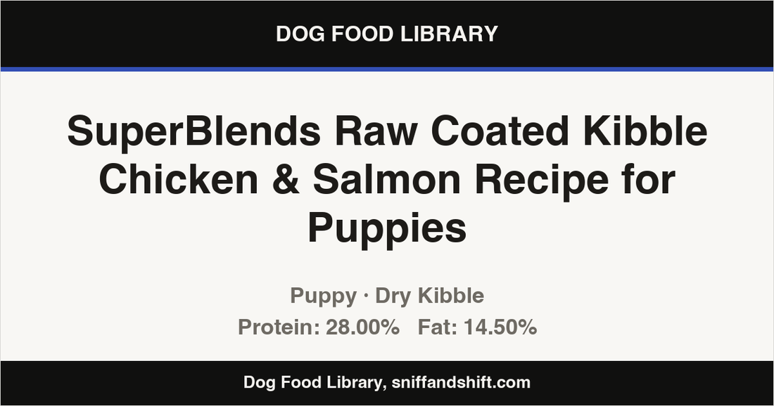 Spec card for SuperBlends Raw Coated Kibble Chicken & Salmon Recipe for Puppies: Dry Kibble, Puppy
