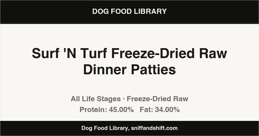 Spec card for Surf 'N Turf Freeze-Dried Raw Dinner Patties: Freeze-Dried Raw, All Life Stages