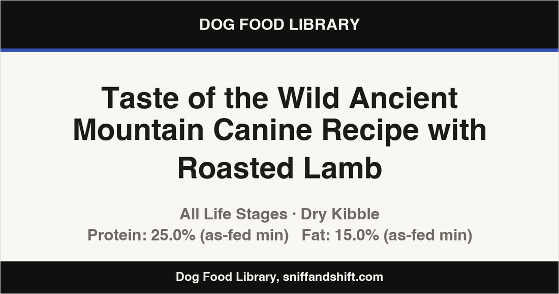 Spec card for Taste of the Wild Ancient Mountain Canine Recipe with Roasted Lamb: Dry Kibble, All Life Stages