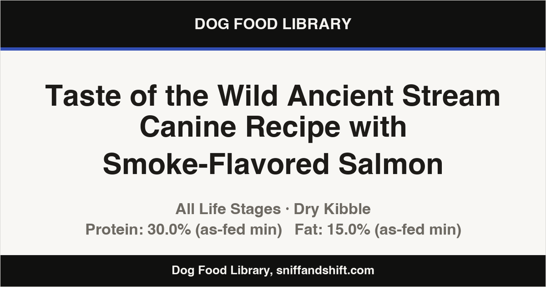 Spec card for Taste of the Wild Ancient Stream Canine Recipe with Smoke-Flavored Salmon: Dry Kibble, All Life Stages