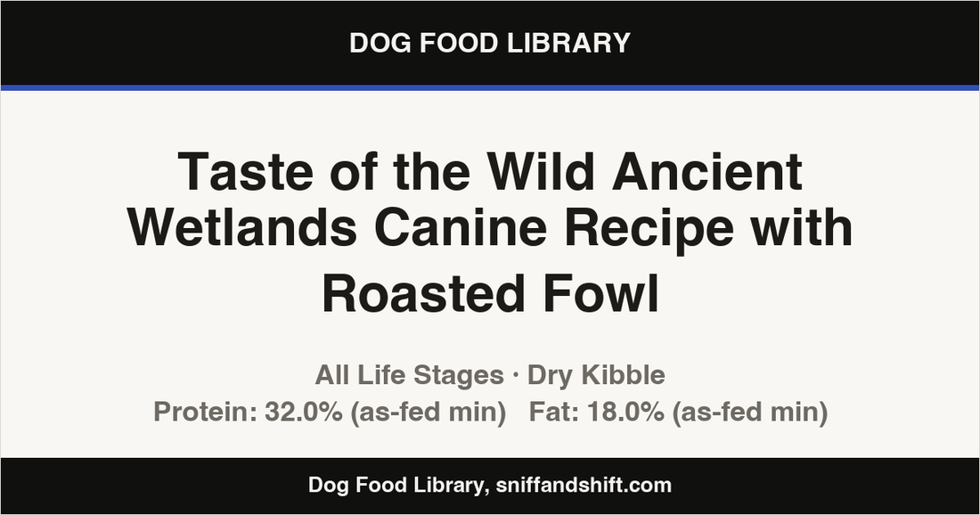 Spec card for Taste of the Wild Ancient Wetlands Canine Recipe with Roasted Fowl: Dry Kibble, All Life Stages