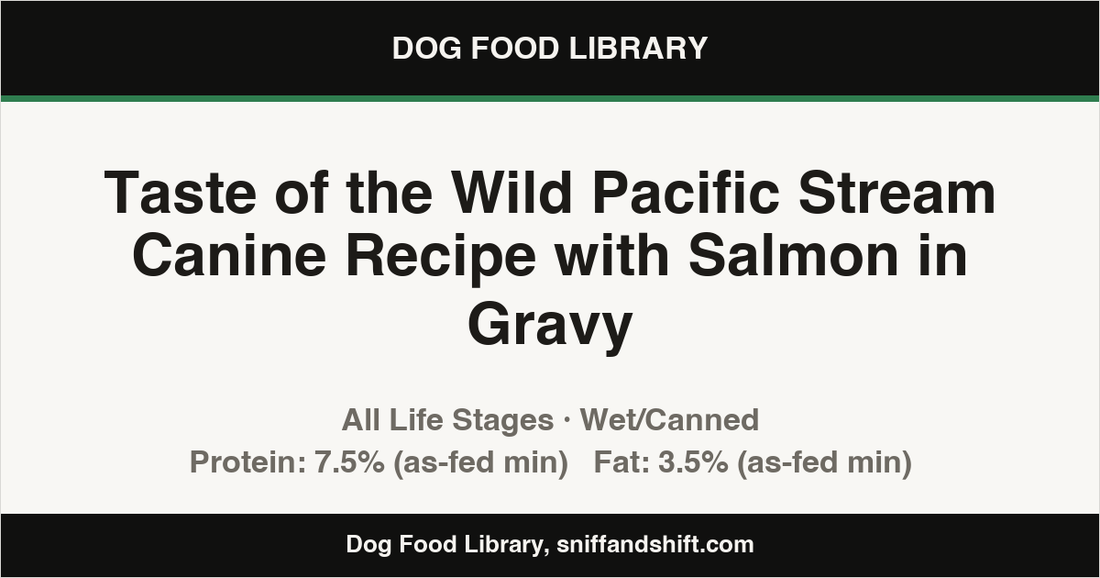 Spec card for Taste of the Wild Pacific Stream Canine Recipe with Salmon in Gravy: Wet/Canned, All Life Stages