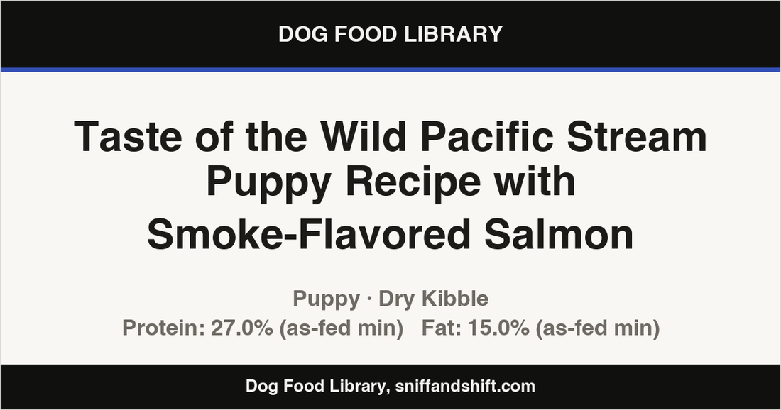 Spec card for Taste of the Wild Pacific Stream Puppy Recipe with Smoke-Flavored Salmon: Dry Kibble, Puppy