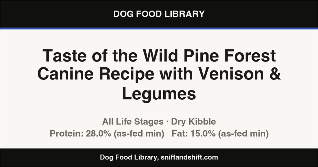 Spec card for Taste of the Wild Pine Forest Canine Recipe with Venison & Legumes: Dry Kibble, All Life Stages