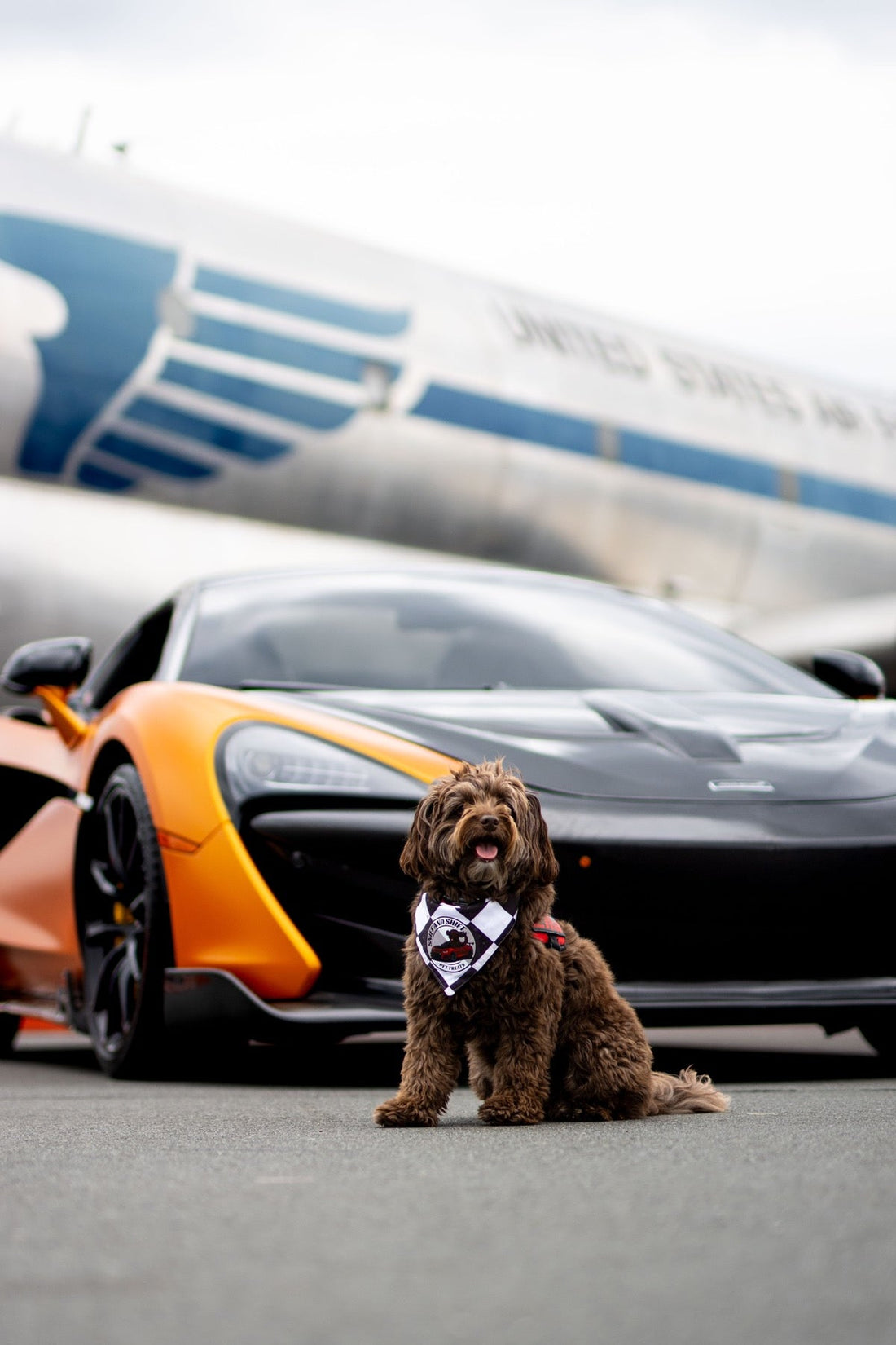 Ella sits in front of a black and orange McLaren parked beside a vintage United States Air Force transport plane.