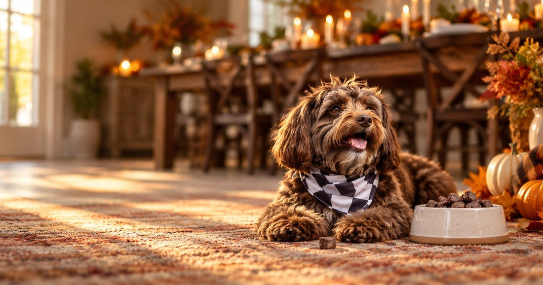 Ella lying on a rug beside a bowl of treats with a Thanksgiving table and pumpkins behind