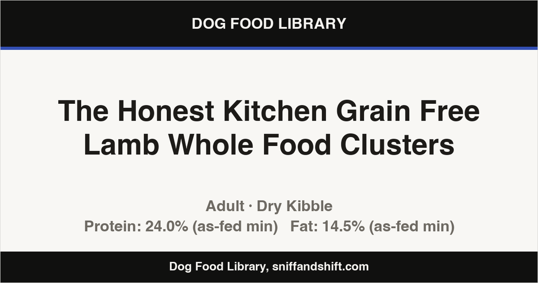 Spec card for The Honest Kitchen Grain Free Lamb Whole Food Clusters: Dry Kibble, Adult