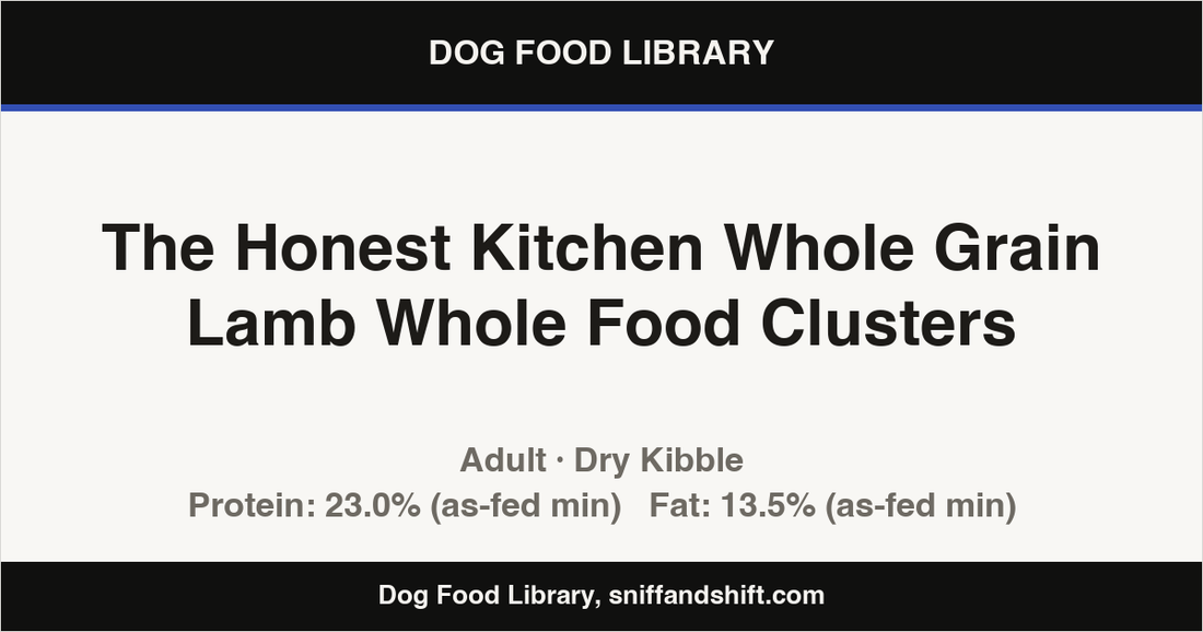 Spec card for The Honest Kitchen Whole Grain Lamb Whole Food Clusters: Dry Kibble, Adult