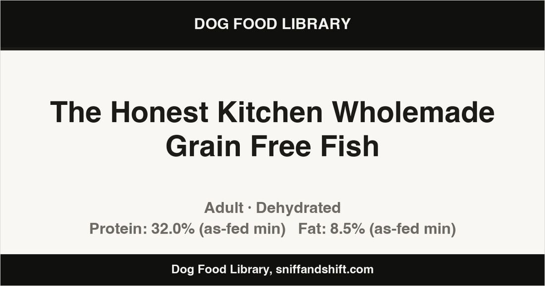 Spec card for The Honest Kitchen Wholemade Grain Free Fish: Dehydrated, Adult