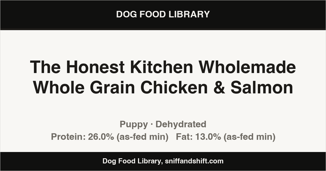 Spec card for The Honest Kitchen Wholemade Whole Grain Chicken & Salmon: Dehydrated, Puppy