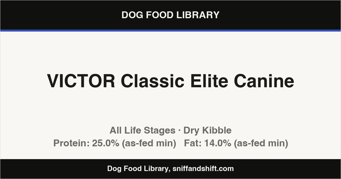 Spec card for VICTOR Classic Elite Canine: Dry Kibble, All Life Stages