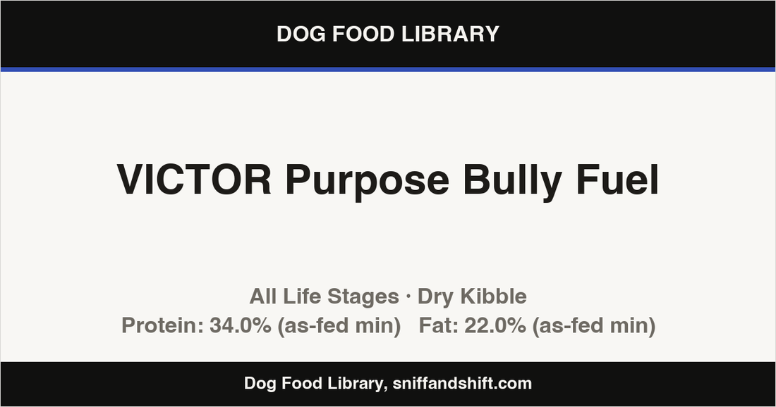 Spec card for VICTOR Purpose Bully Fuel: Dry Kibble, All Life Stages
