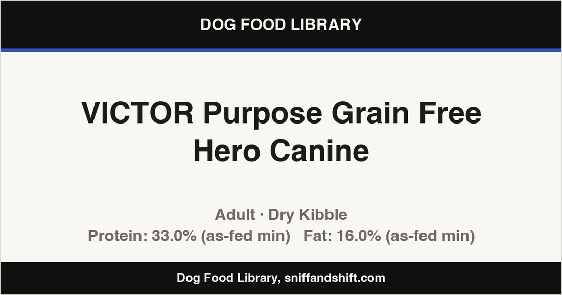 Spec card for VICTOR Purpose Grain Free Hero Canine: Dry Kibble, Adult