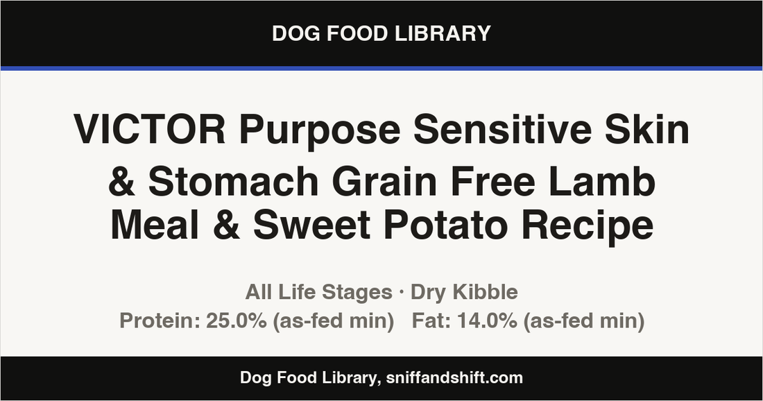 Spec card for VICTOR Purpose Sensitive Skin & Stomach Grain Free Lamb Meal & Sweet Potato Recipe: Dry Kibble, All Life Stages
