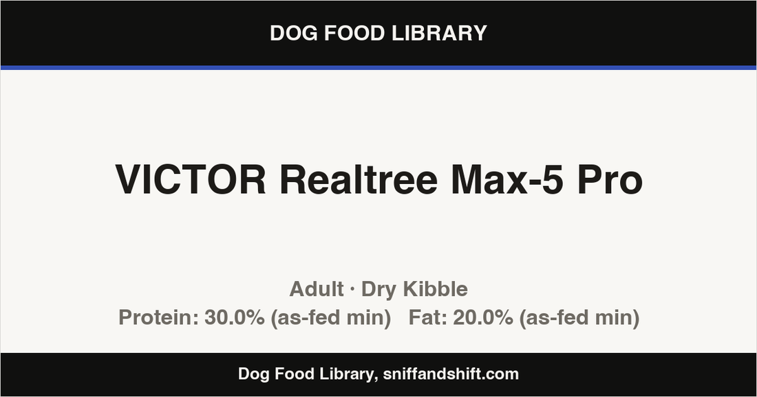 Spec card for VICTOR Realtree Max-5 Pro: Dry Kibble, Adult