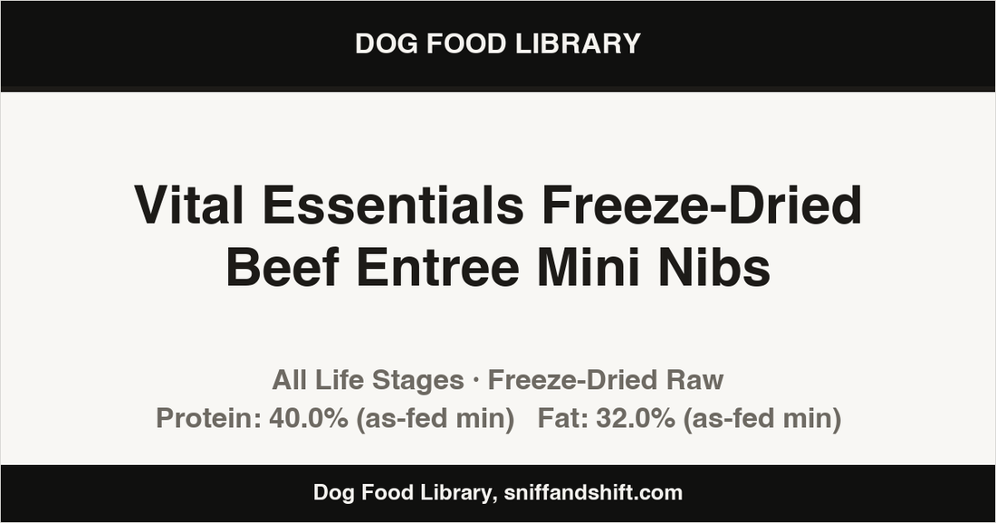 Spec card for Vital Essentials Freeze-Dried Beef Entree Mini Nibs: Freeze-Dried Raw, All Life Stages