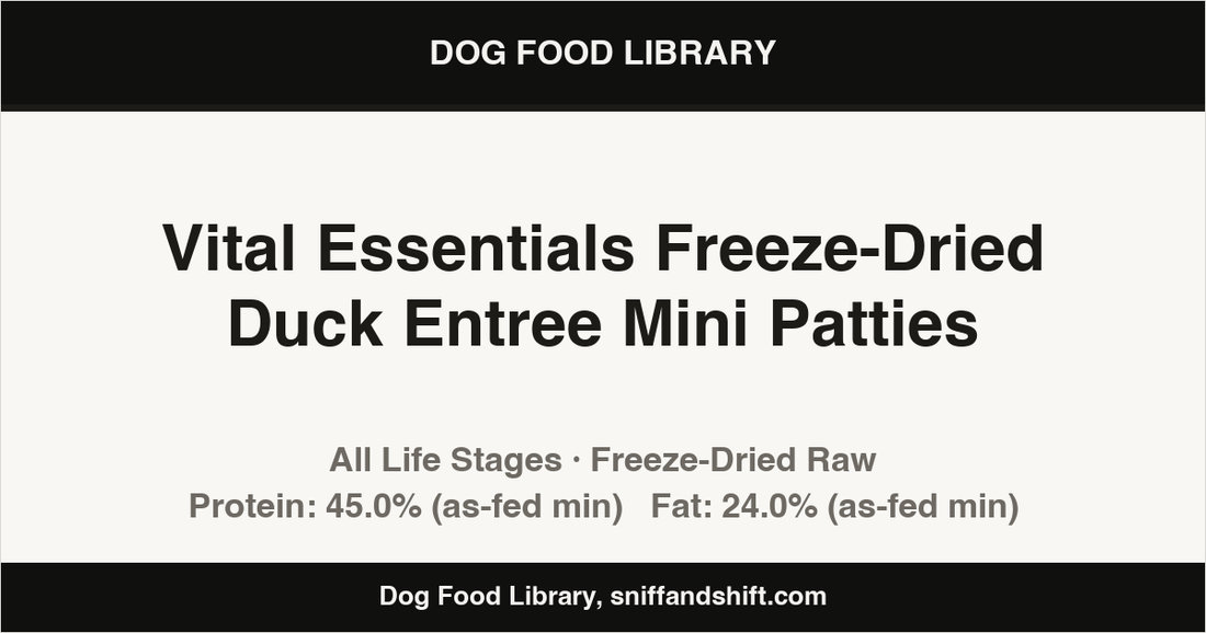 Spec card for Vital Essentials Freeze-Dried Duck Entree Mini Patties: Freeze-Dried Raw, All Life Stages