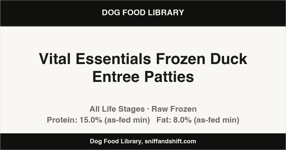 Spec card for Vital Essentials Frozen Duck Entree Patties: Raw Frozen, All Life Stages