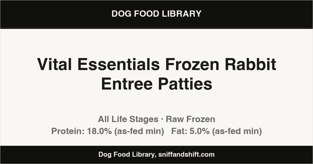 Spec card for Vital Essentials Frozen Rabbit Entree Patties: Raw Frozen, All Life Stages