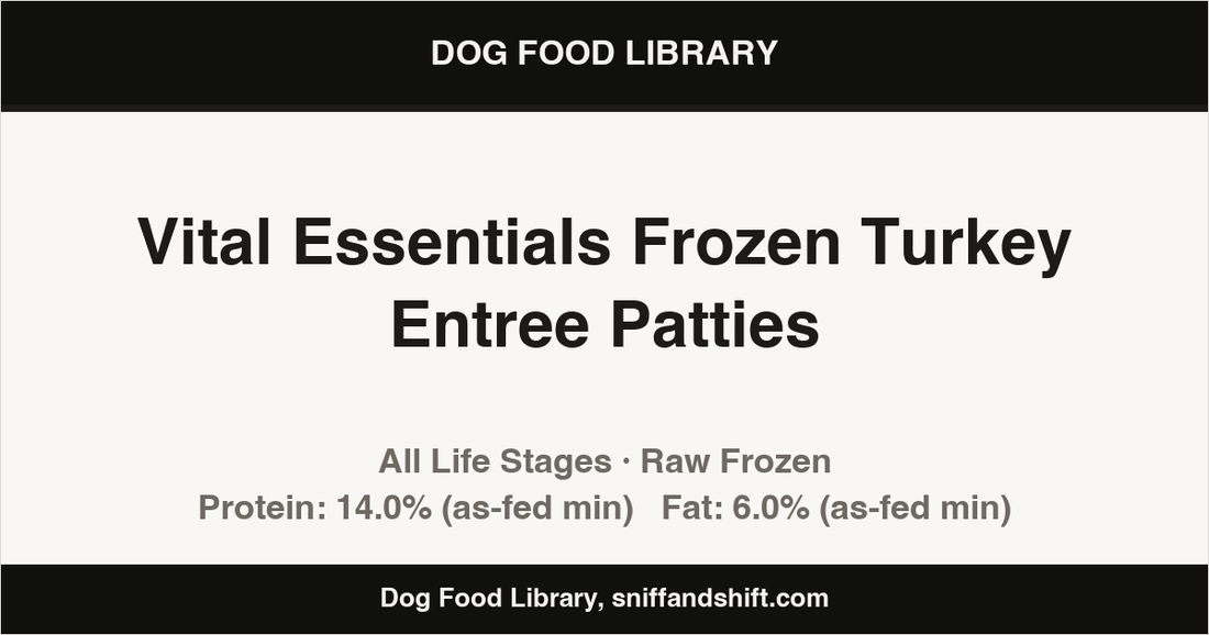 Spec card for Vital Essentials Frozen Turkey Entree Patties: Raw Frozen, All Life Stages