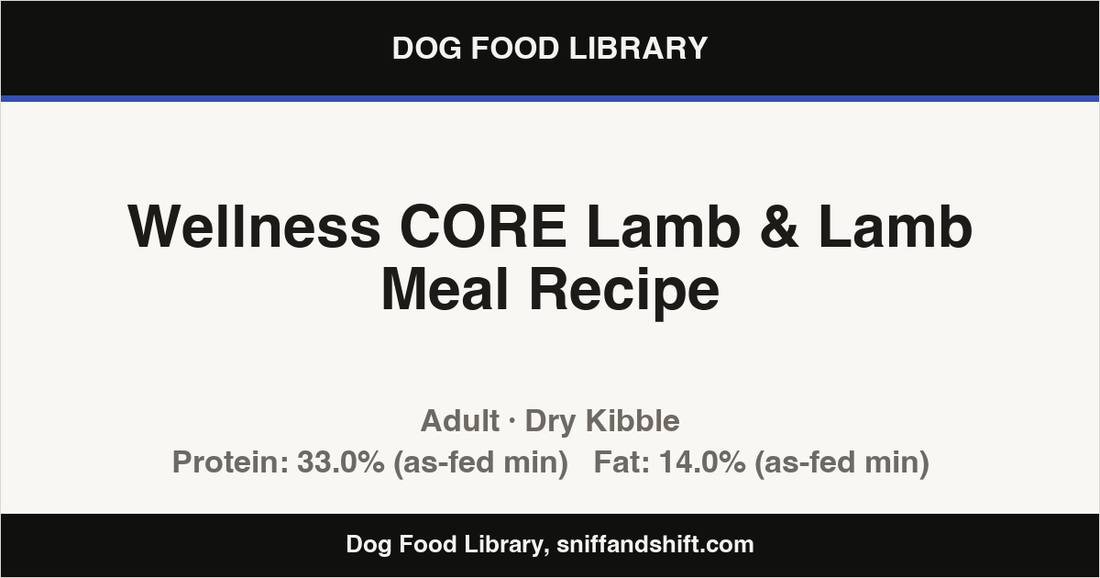Spec card for Wellness CORE Lamb & Lamb Meal Recipe: Dry Kibble, Adult