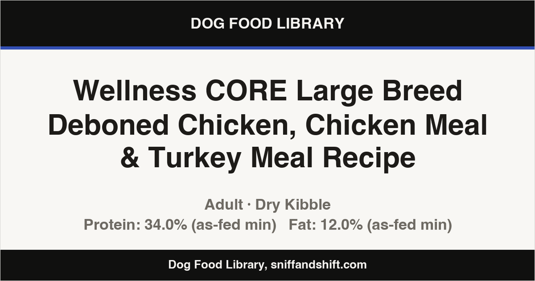 Spec card for Wellness CORE Large Breed Deboned Chicken, Chicken Meal & Turkey Meal Recipe: Dry Kibble, Adult