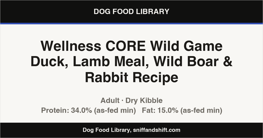 Spec card for Wellness CORE Wild Game Duck, Lamb Meal, Wild Boar & Rabbit Recipe: Dry Kibble, Adult