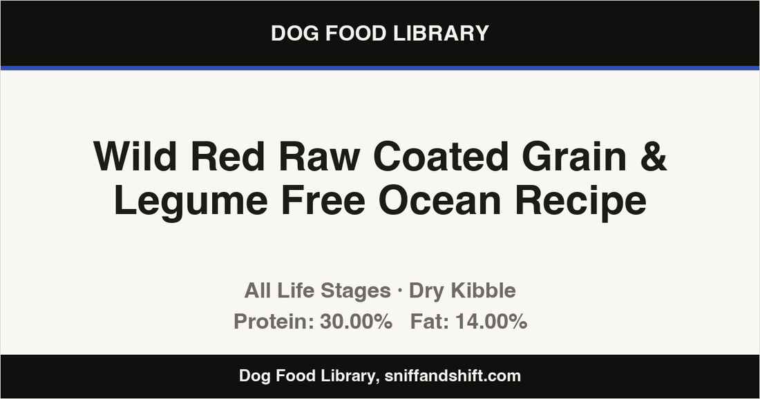 Spec card for Wild Red Raw Coated Grain & Legume Free Ocean Recipe: Dry Kibble, All Life Stages