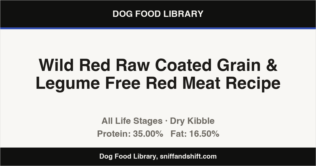 Spec card for Wild Red Raw Coated Grain & Legume Free Red Meat Recipe: Dry Kibble, All Life Stages