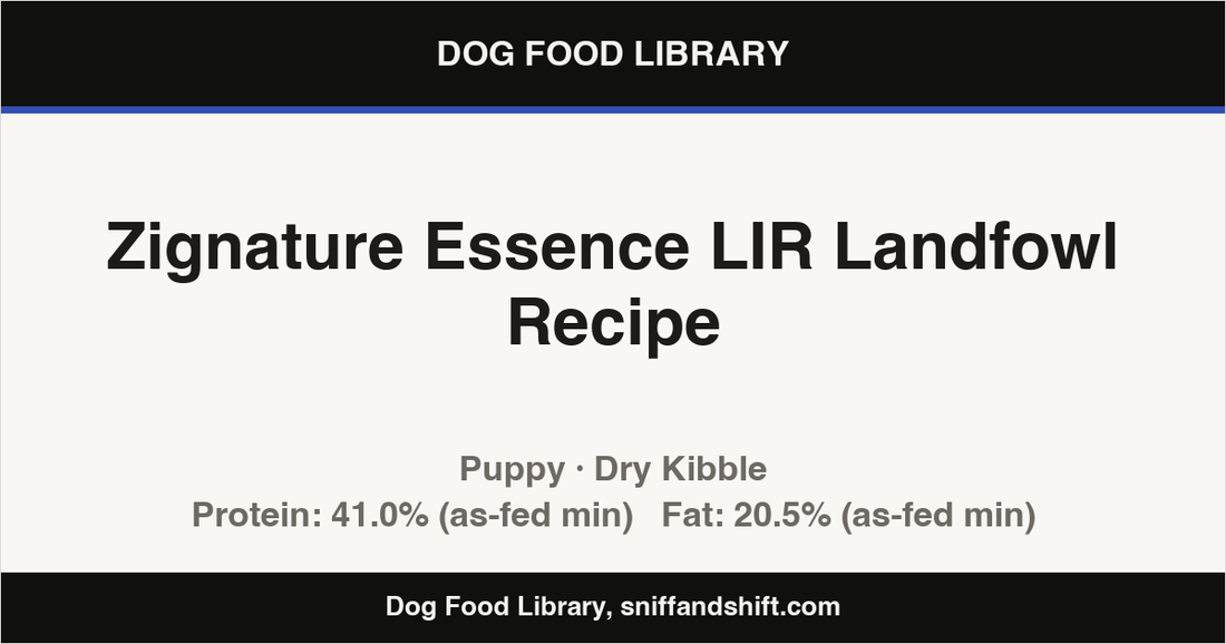 Spec card for Zignature Essence LIR Landfowl Recipe: Dry Kibble, Puppy
