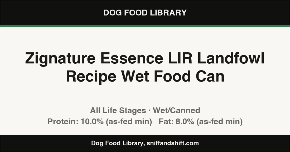 Spec card for Zignature Essence LIR Landfowl Recipe Wet Food Can: Wet/Canned, All Life Stages