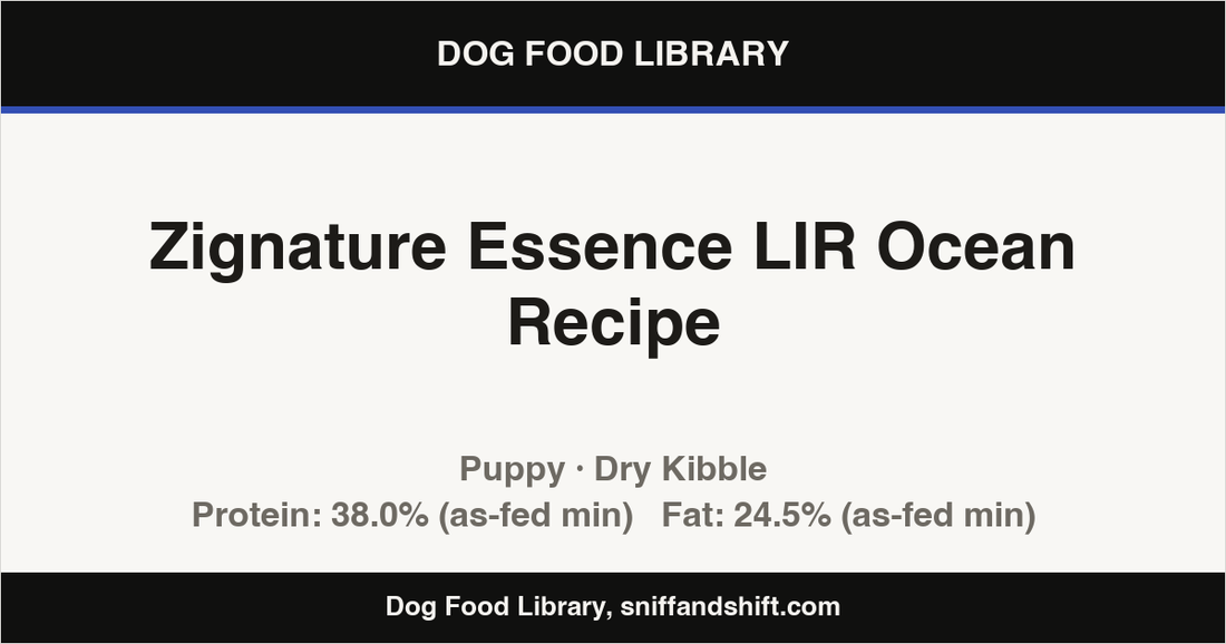 Spec card for Zignature Essence LIR Ocean Recipe: Dry Kibble, Puppy
