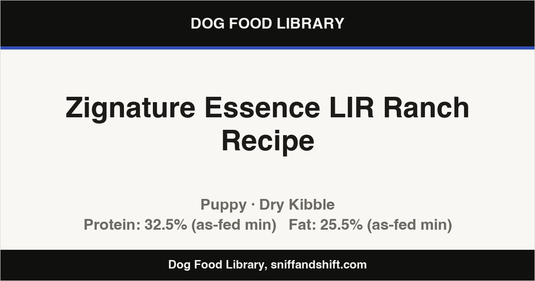 Spec card for Zignature Essence LIR Ranch Recipe: Dry Kibble, Puppy