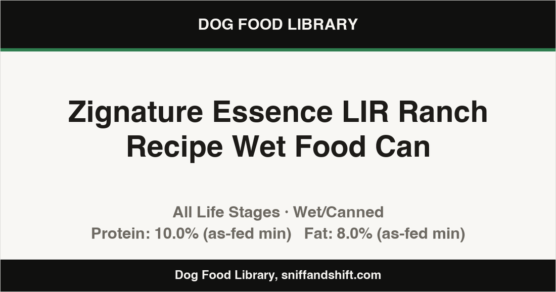 Spec card for Zignature Essence LIR Ranch Recipe Wet Food Can: Wet/Canned, All Life Stages