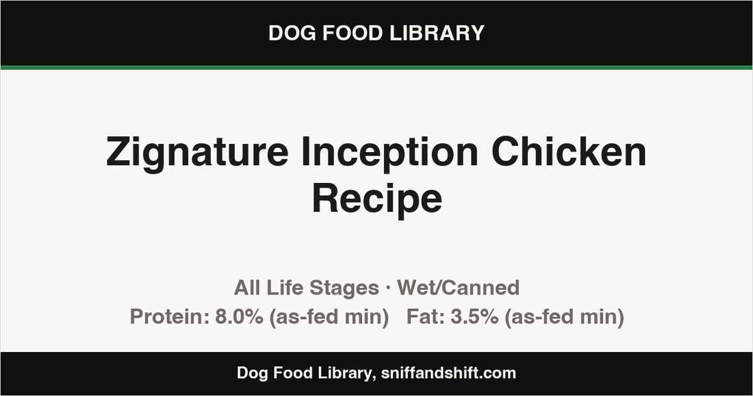 Spec card for Zignature Inception Chicken Recipe: Wet/Canned, All Life Stages