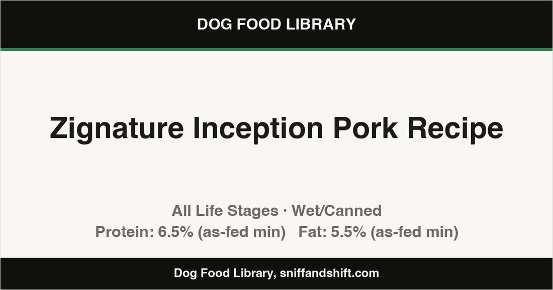 Spec card for Zignature Inception Pork Recipe: Wet/Canned, All Life Stages