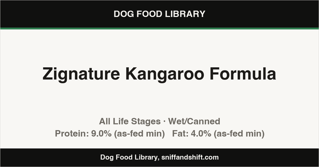 Spec card for Zignature Kangaroo Formula: Wet/Canned, All Life Stages