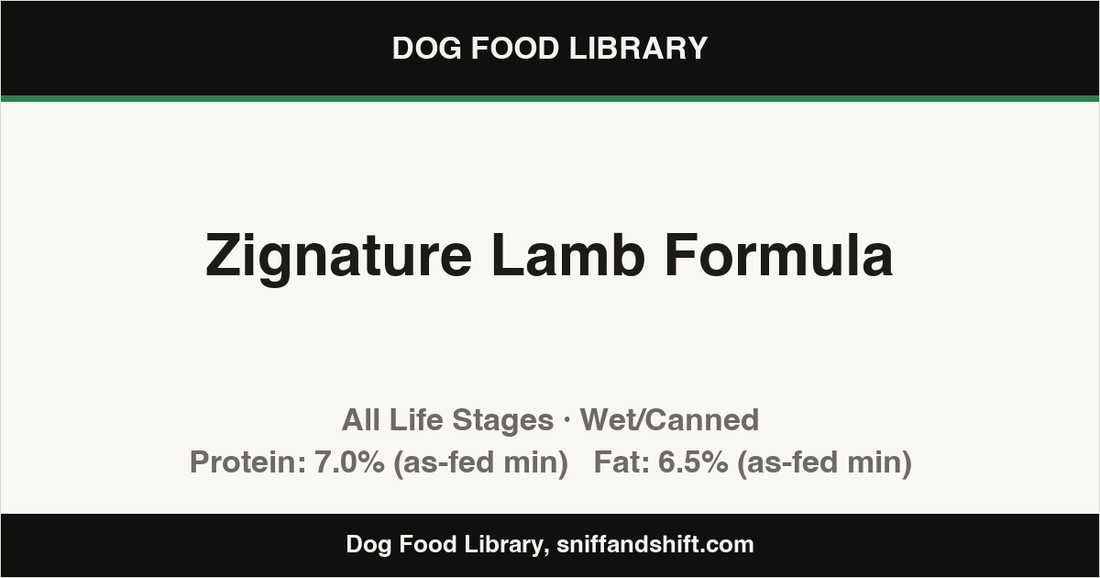 Spec card for Zignature Lamb Formula: Wet/Canned, All Life Stages