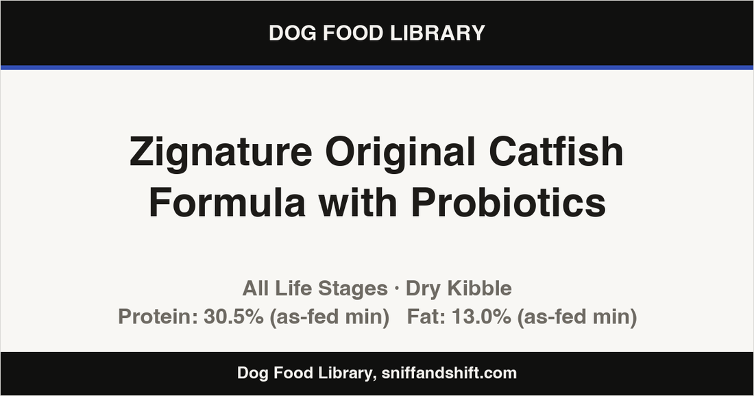 Spec card for Zignature Original Catfish Formula with Probiotics: Dry Kibble, All Life Stages