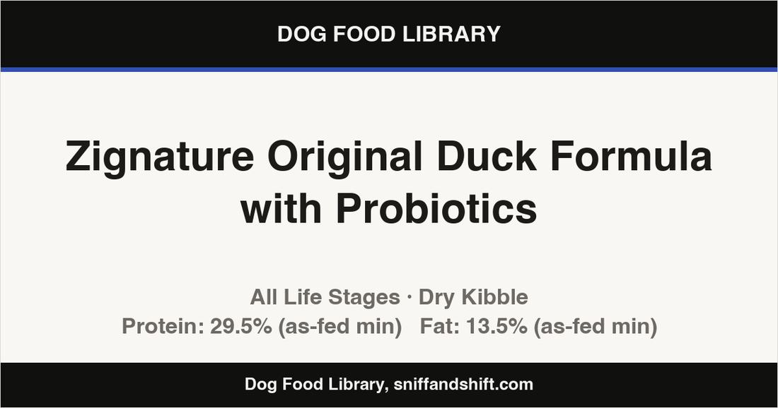 Spec card for Zignature Original Duck Formula with Probiotics: Dry Kibble, All Life Stages
