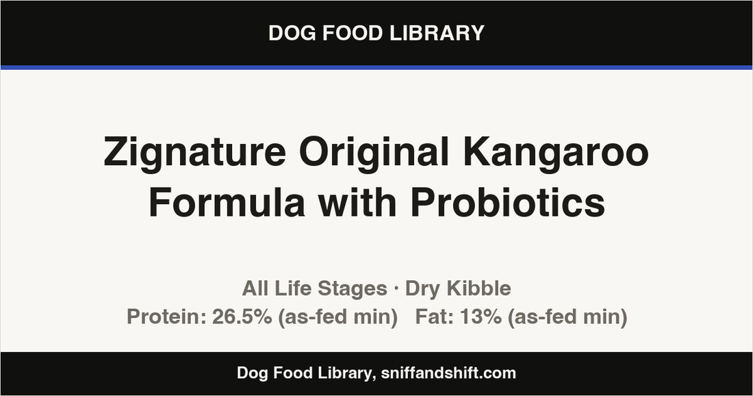 Spec card for Zignature Original Kangaroo Formula with Probiotics: Dry Kibble, All Life Stages